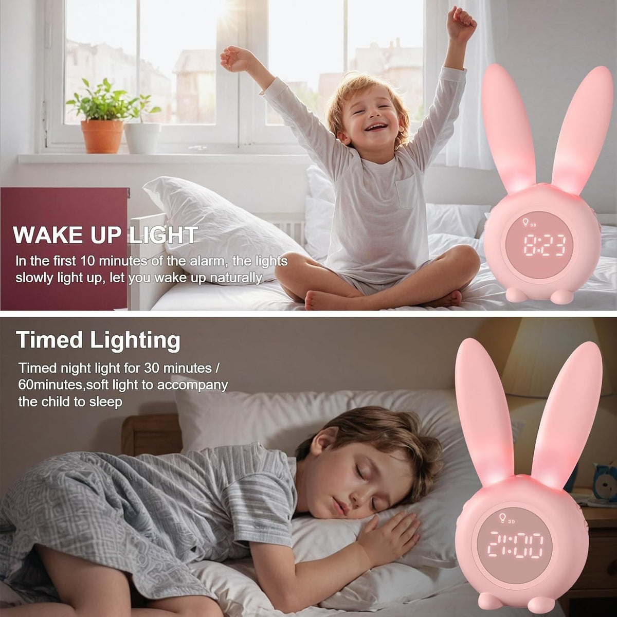 Sveglia Bambini Coniglio da Comodino con Luce Notturna Funzione Snooze Timer