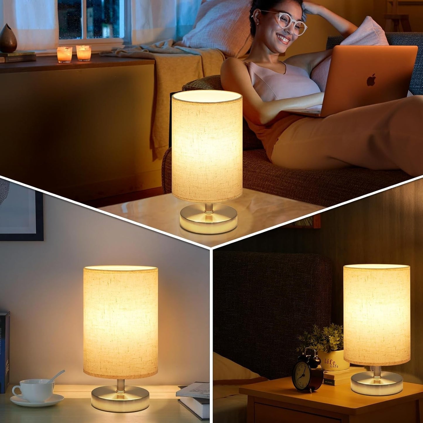 Lampada da comodino moderna a LED paralume in tessuto di lino beige lampada