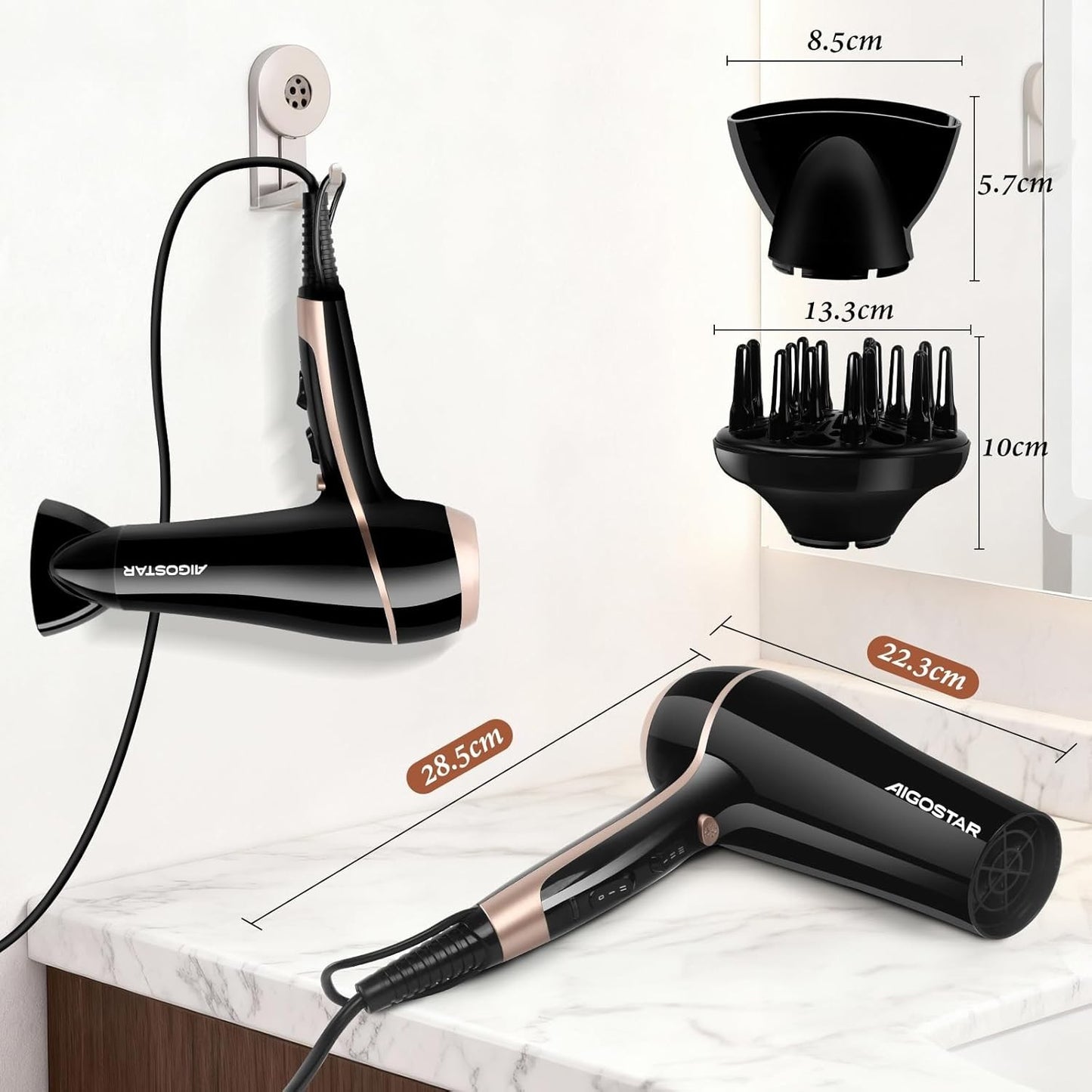Aigostar Phon Capelli Professionale, 2400W Phon Ionico con Diffusore e Beccuccio