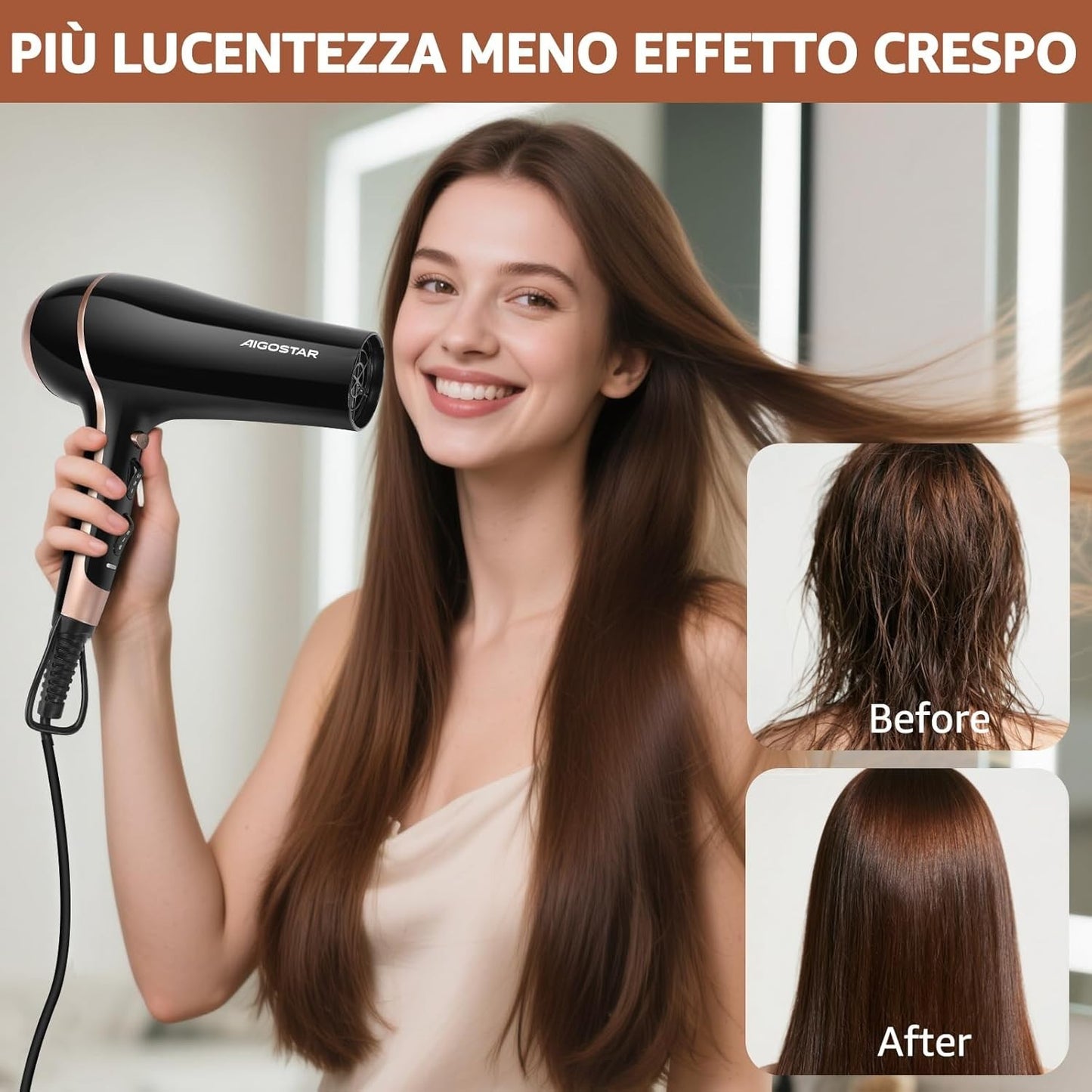 Aigostar Phon Capelli Professionale, 2400W Phon Ionico con Diffusore e Beccuccio