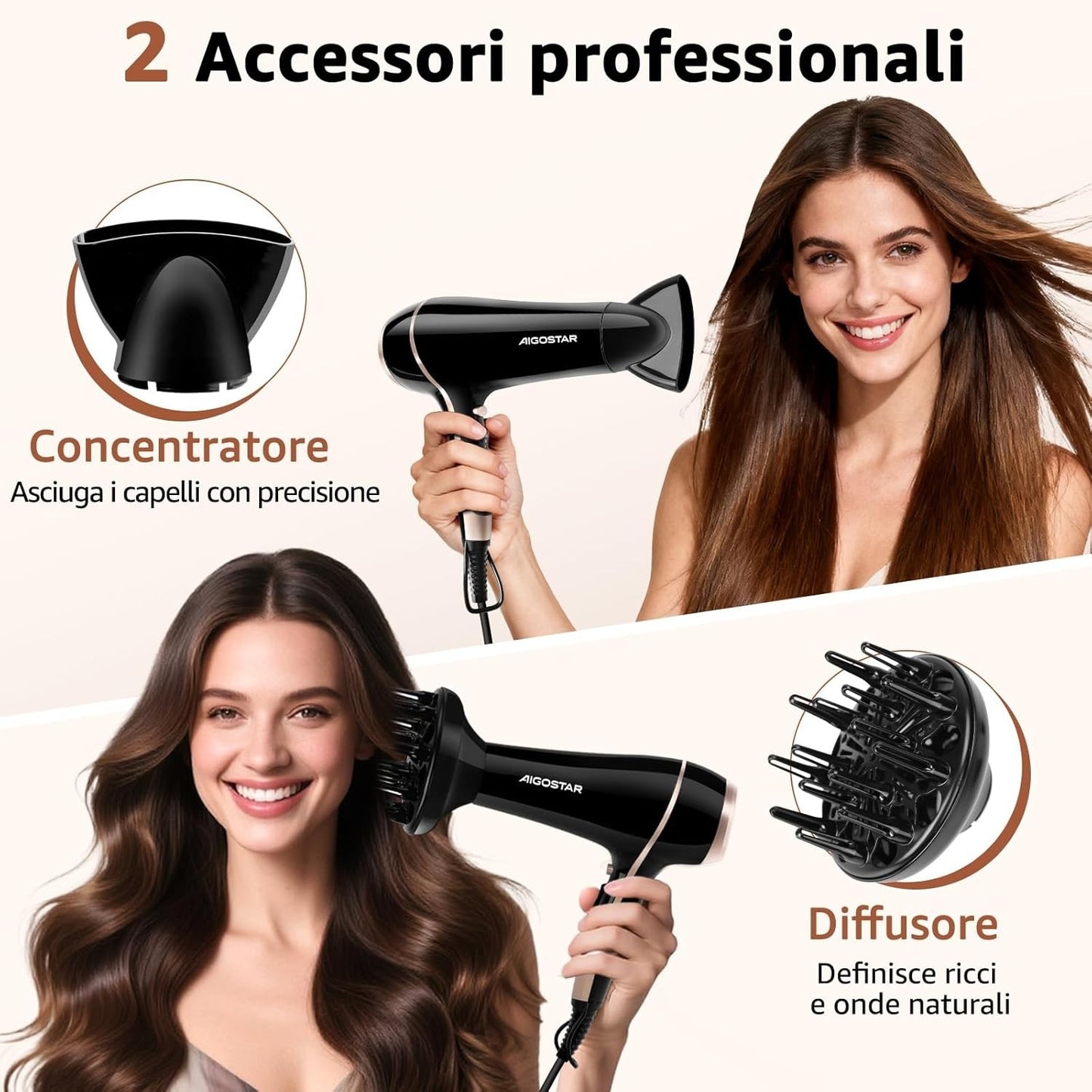 Aigostar Phon Capelli Professionale, 2400W Phon Ionico con Diffusore e Beccuccio