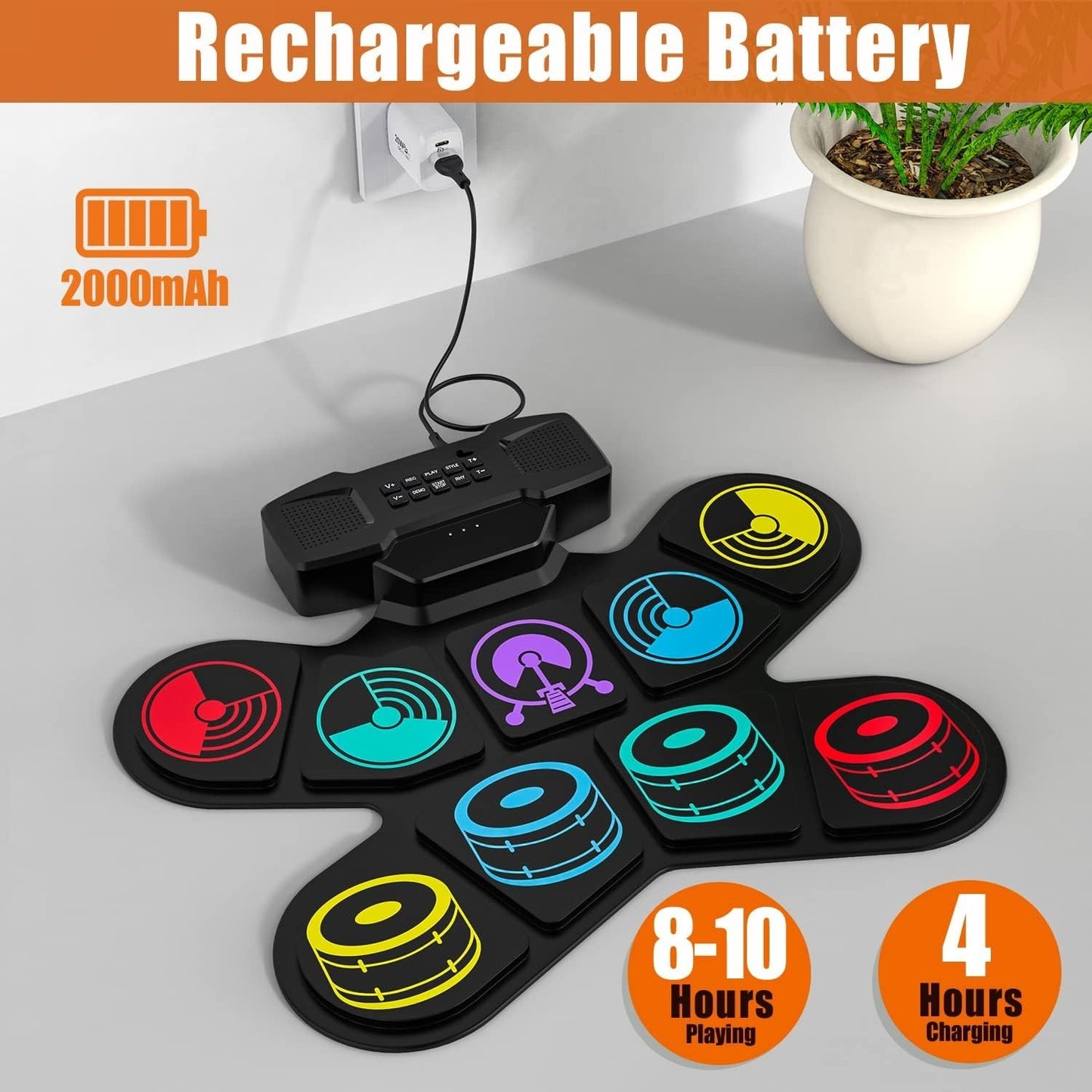 Batteria Elettronica Portatile con 9 Pad 2 Bacchette 2 Pedali Doppi Altoparlanti