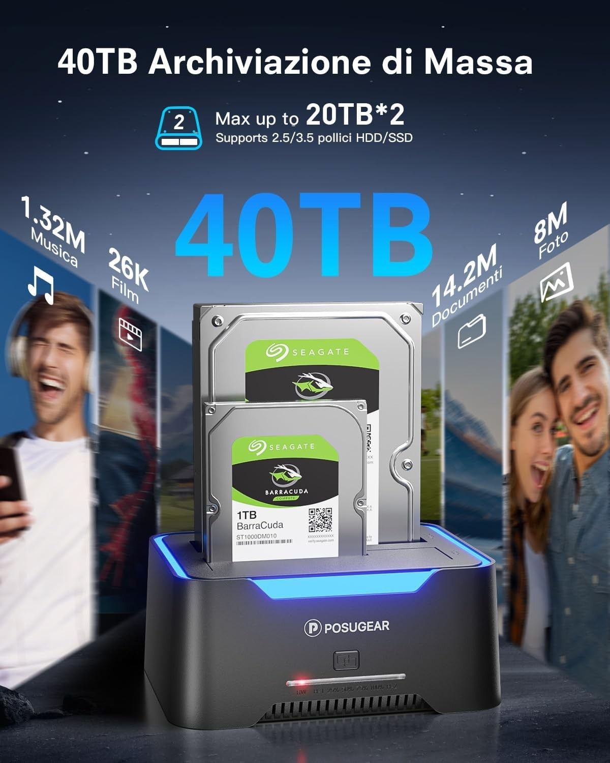 Hard Disk Docking Station USB 3.2 Gen 1 per HDD/SSD SATA da 2,5 e 3,5 P POSUGEAR