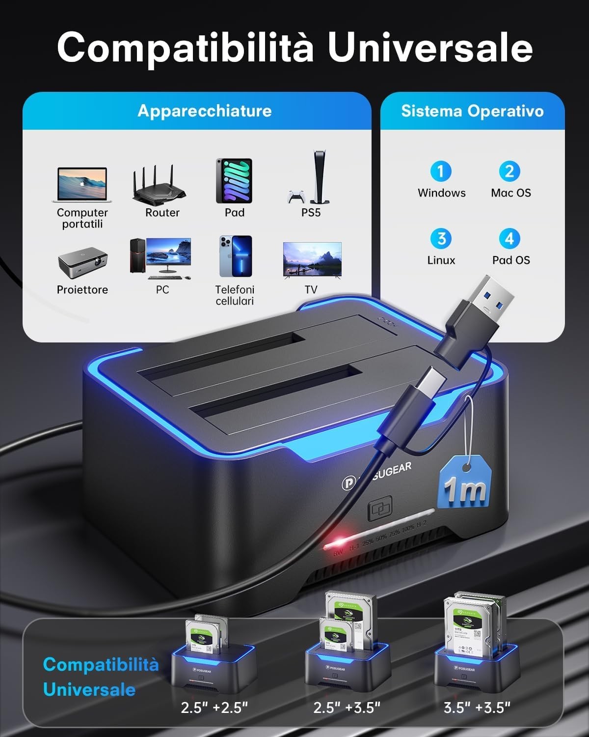 Hard Disk Docking Station USB 3.2 Gen 1 per HDD/SSD SATA da 2,5 e 3,5 P POSUGEAR