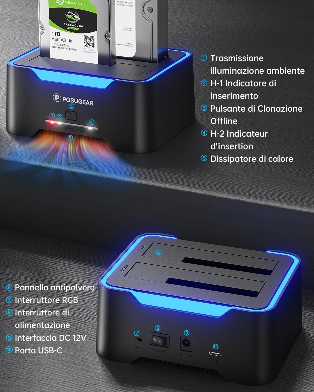Hard Disk Docking Station USB 3.2 Gen 1 per HDD/SSD SATA da 2,5 e 3,5 P POSUGEAR