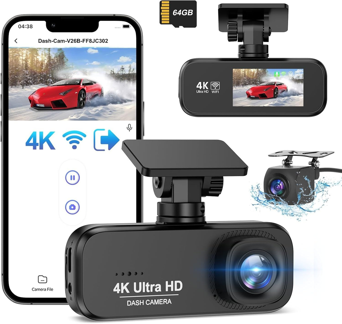 Dash Cam auto 4K+1080P, WiFi DashCam Free 64GB SD, Dash Cam G-Sensor, 170°Wide A