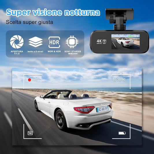 Dash Cam auto 4K+1080P, WiFi DashCam Free 64GB SD, Dash Cam G-Sensor, 170°Wide A