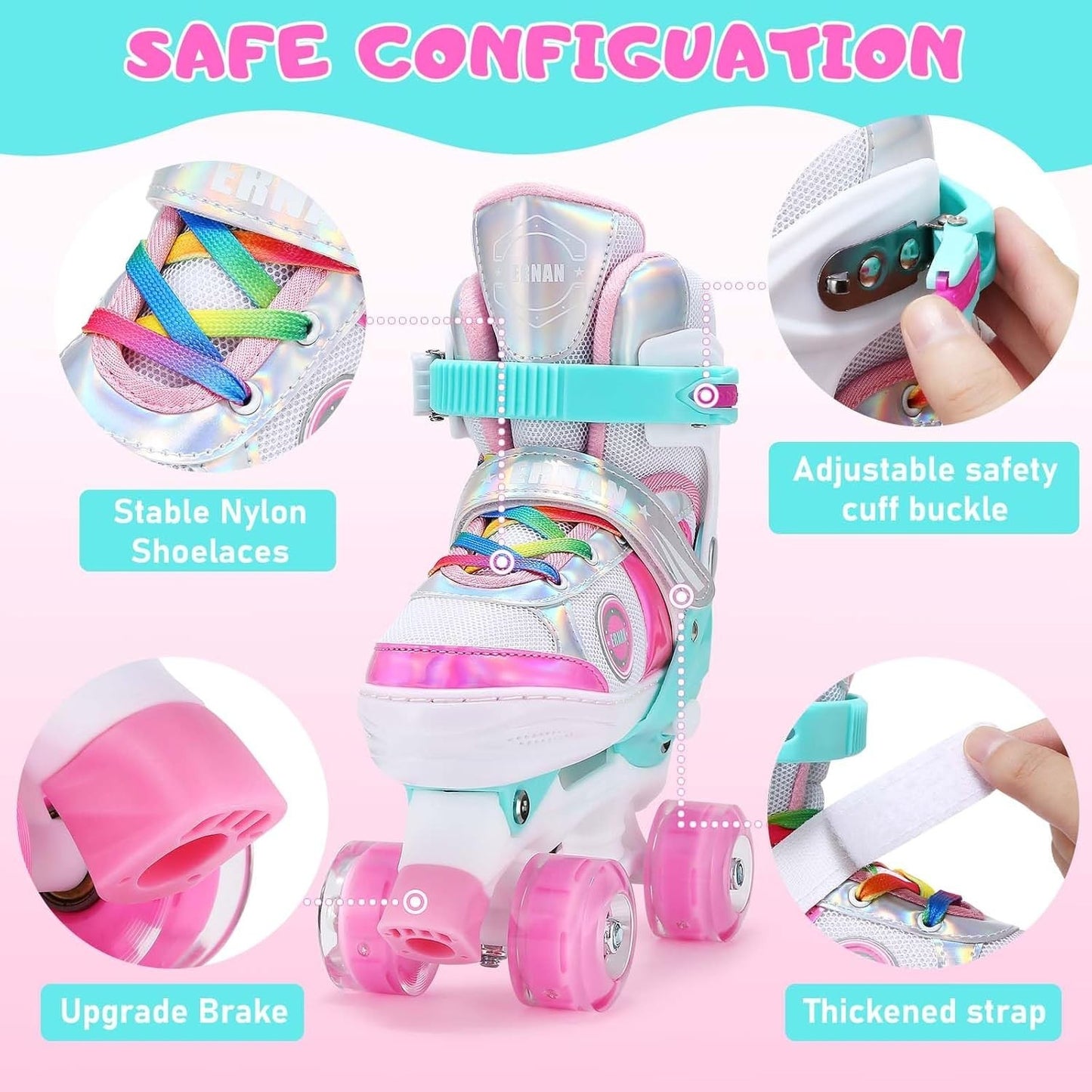 Pattini a Rotelle Bambina,Ragazze Regolabili Pattini a 4 Ruote Con 8 Illuminante