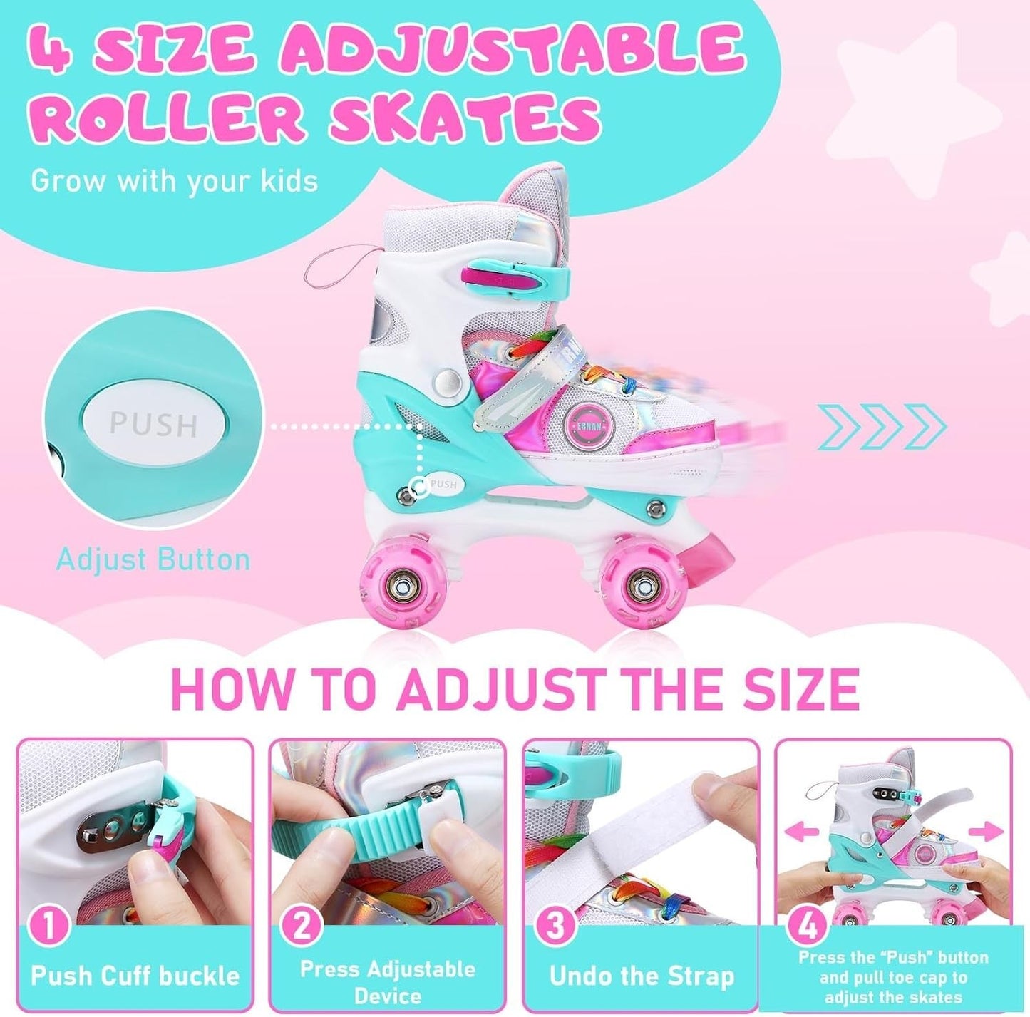 Pattini a Rotelle Bambina,Ragazze Regolabili Pattini a 4 Ruote Con 8 Illuminante