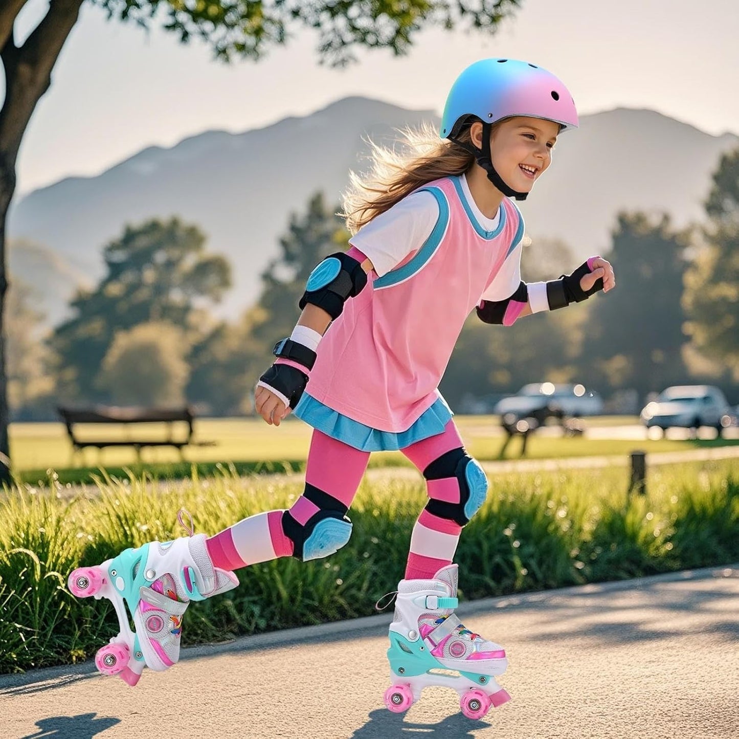 Pattini a Rotelle Bambina,Ragazze Regolabili Pattini a 4 Ruote Con 8 Illuminante