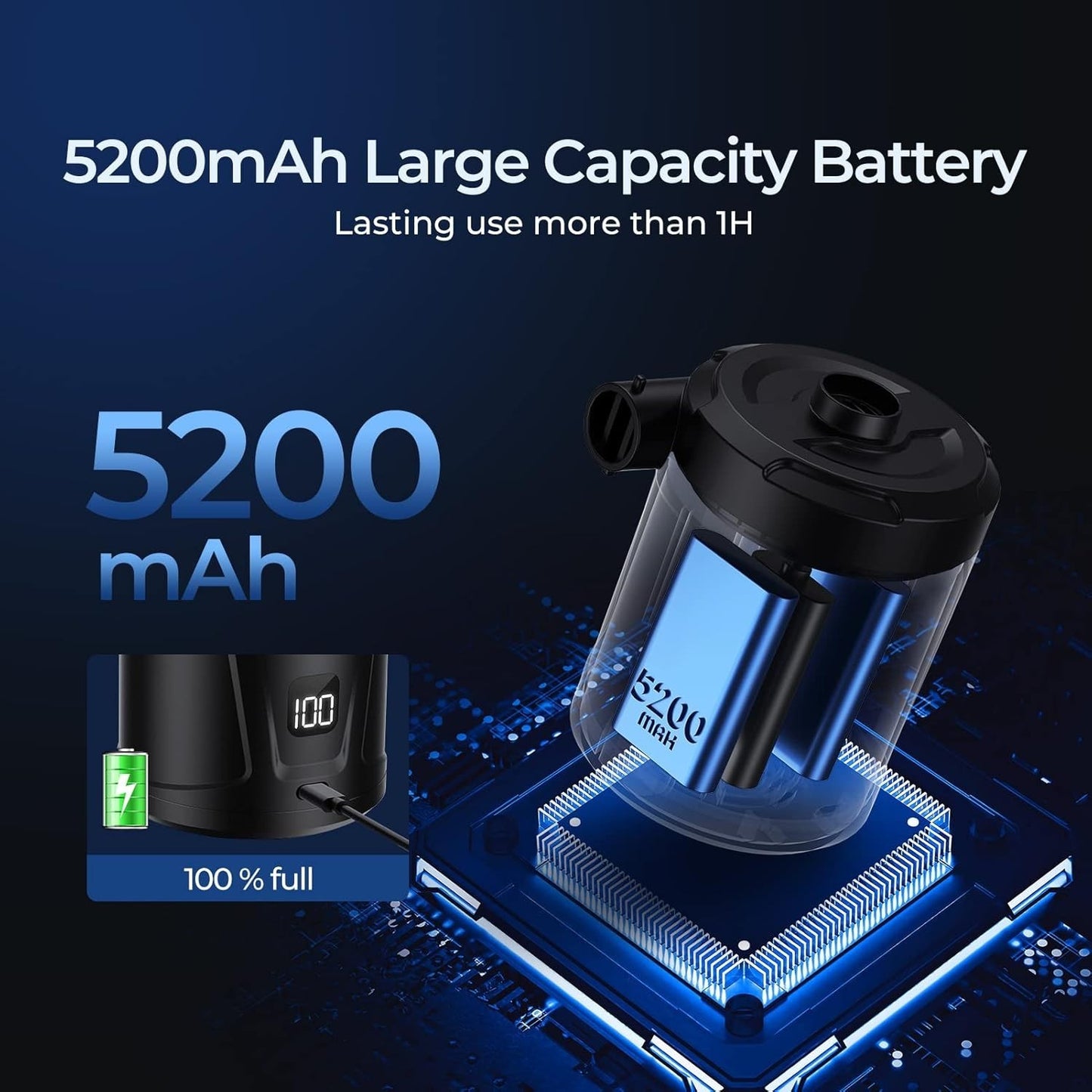 Pompa elettrica per gonfiabili da 5200 mAh per gonfiabili con display a LED