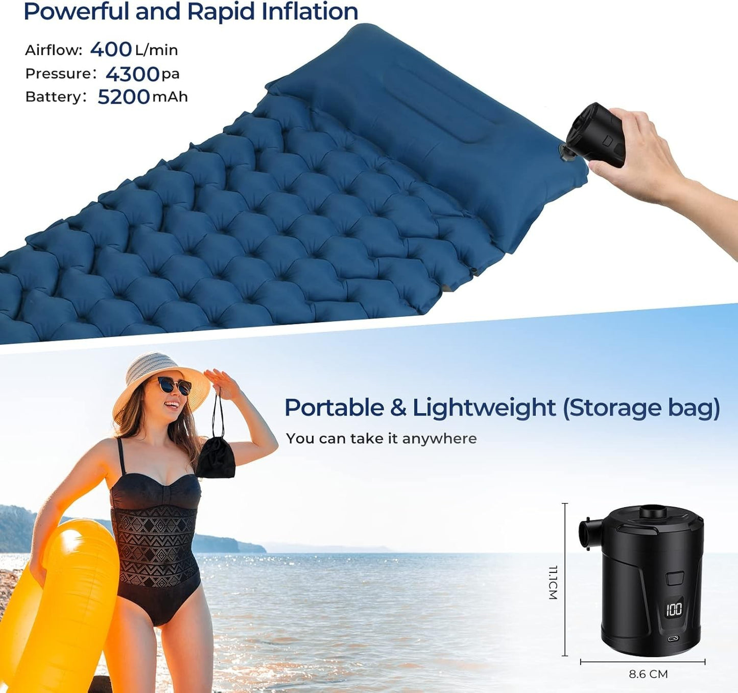 Pompa elettrica per gonfiabili da 5200 mAh per gonfiabili con display a LED