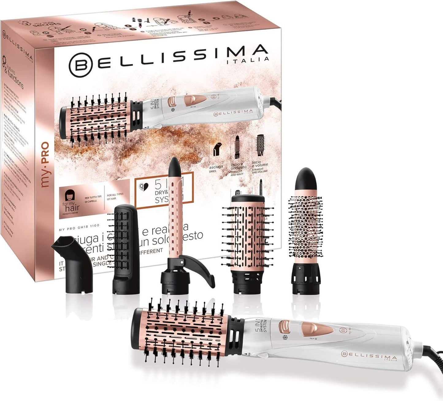 BELLISSIMA Spazzola Ad Aria Calda5 in 1 Accessori per Styliing Liscio Onde Ricci