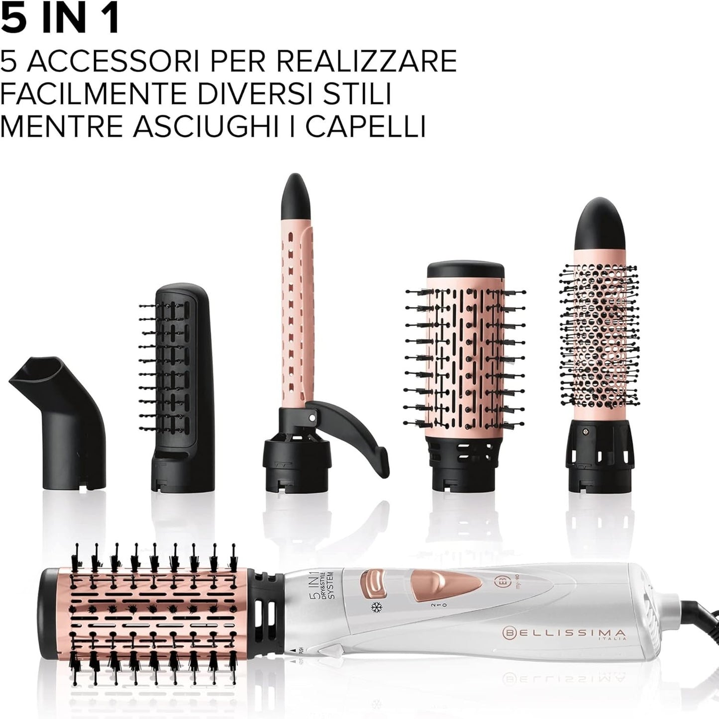 BELLISSIMA Spazzola Ad Aria Calda5 in 1 Accessori per Styliing Liscio Onde Ricci