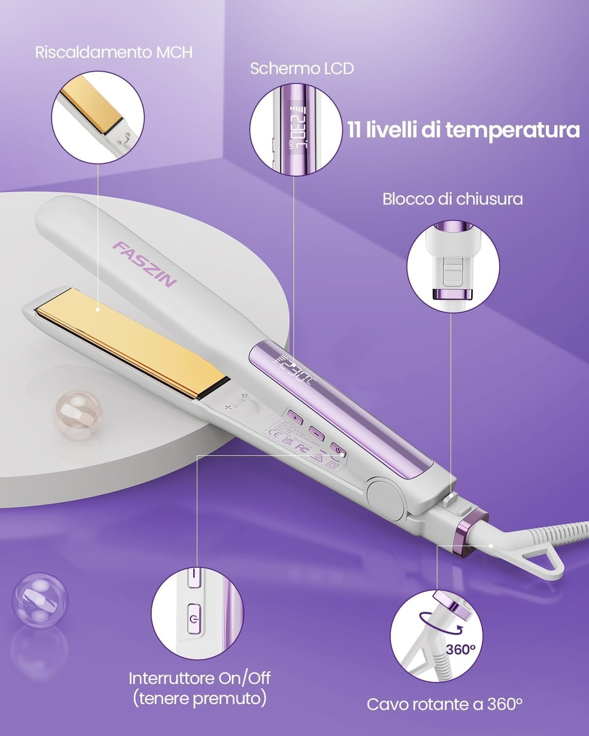 Faszin Piastra Capelli Professionale Stretta 2-in-1,Titanio Ionico,Display LCD