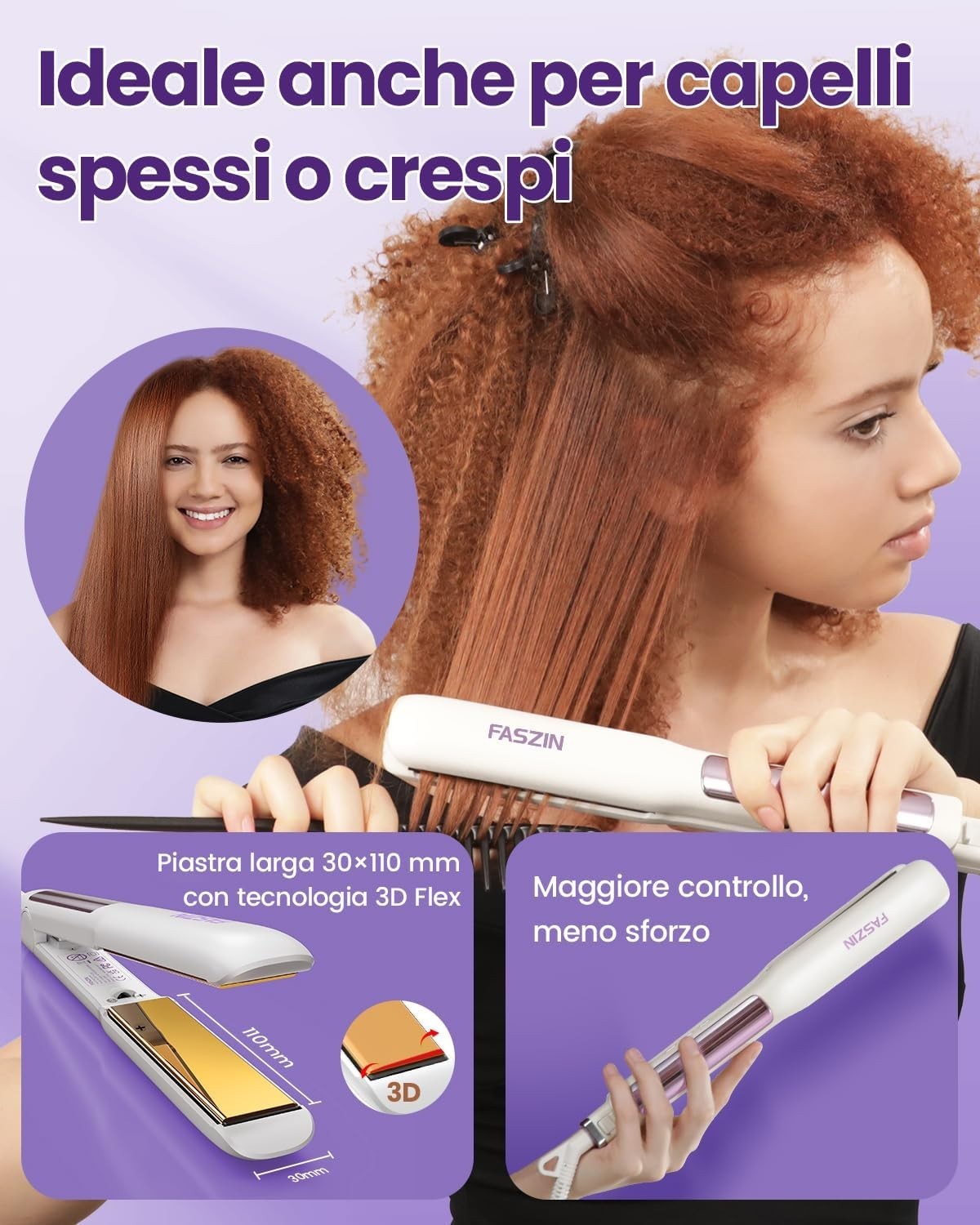 Faszin Piastra Capelli Professionale Stretta 2-in-1,Titanio Ionico,Display LCD