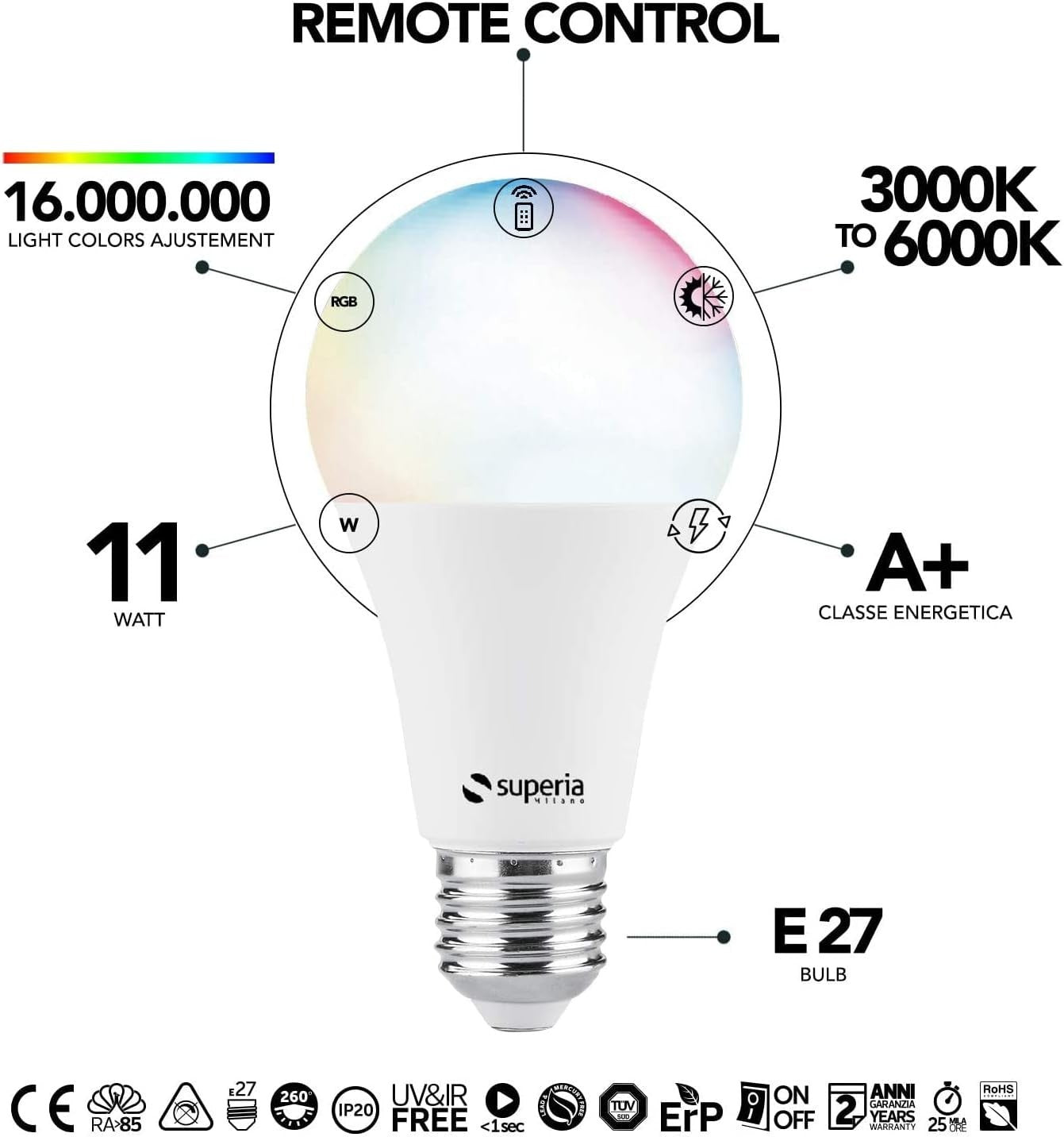 Superia Milano Lampadina SMART RGB + Bianco regolabile (2700K - 6500K)