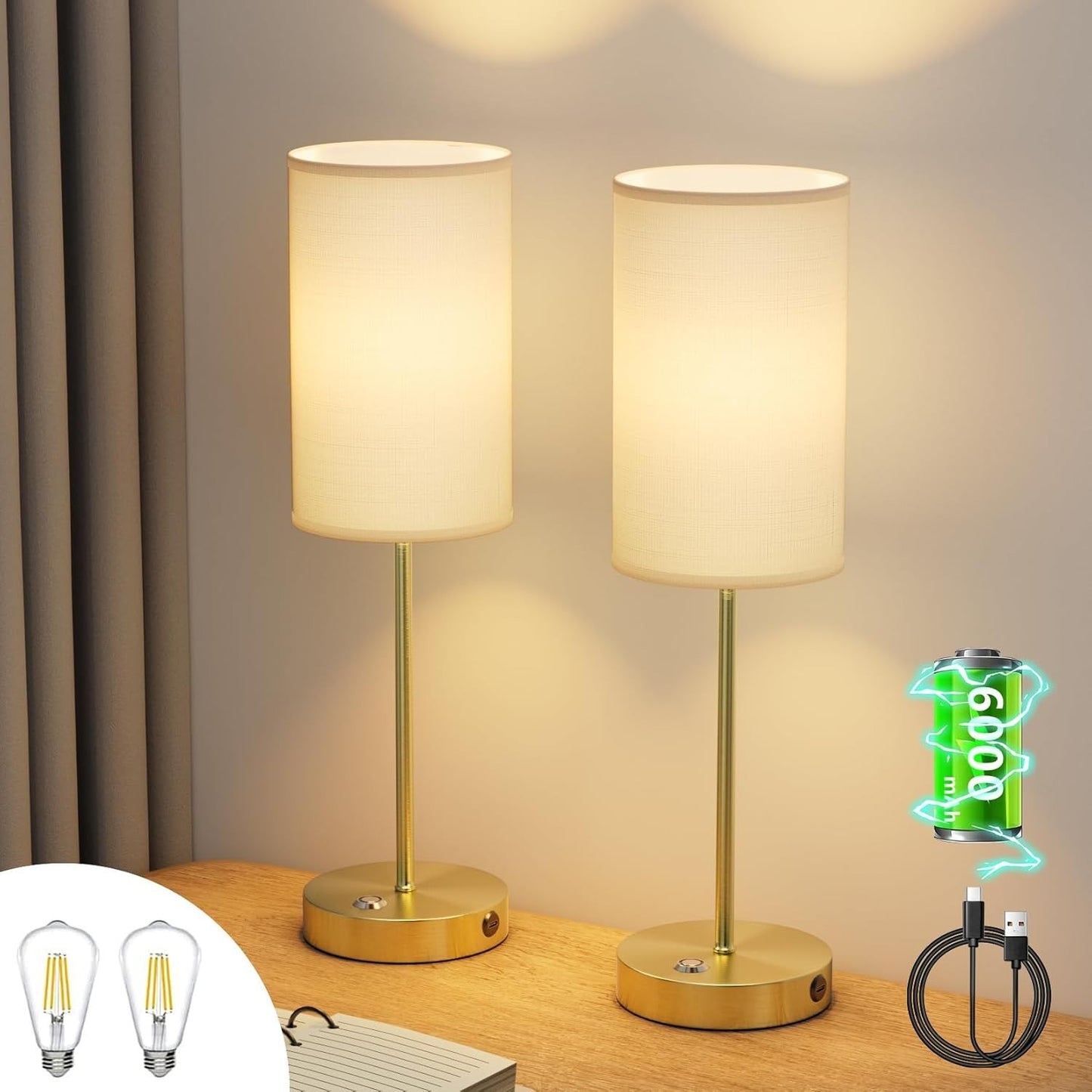 Lampada da tavolo a LED senza fili Oro Set di 2 con batteria da 6000mAh