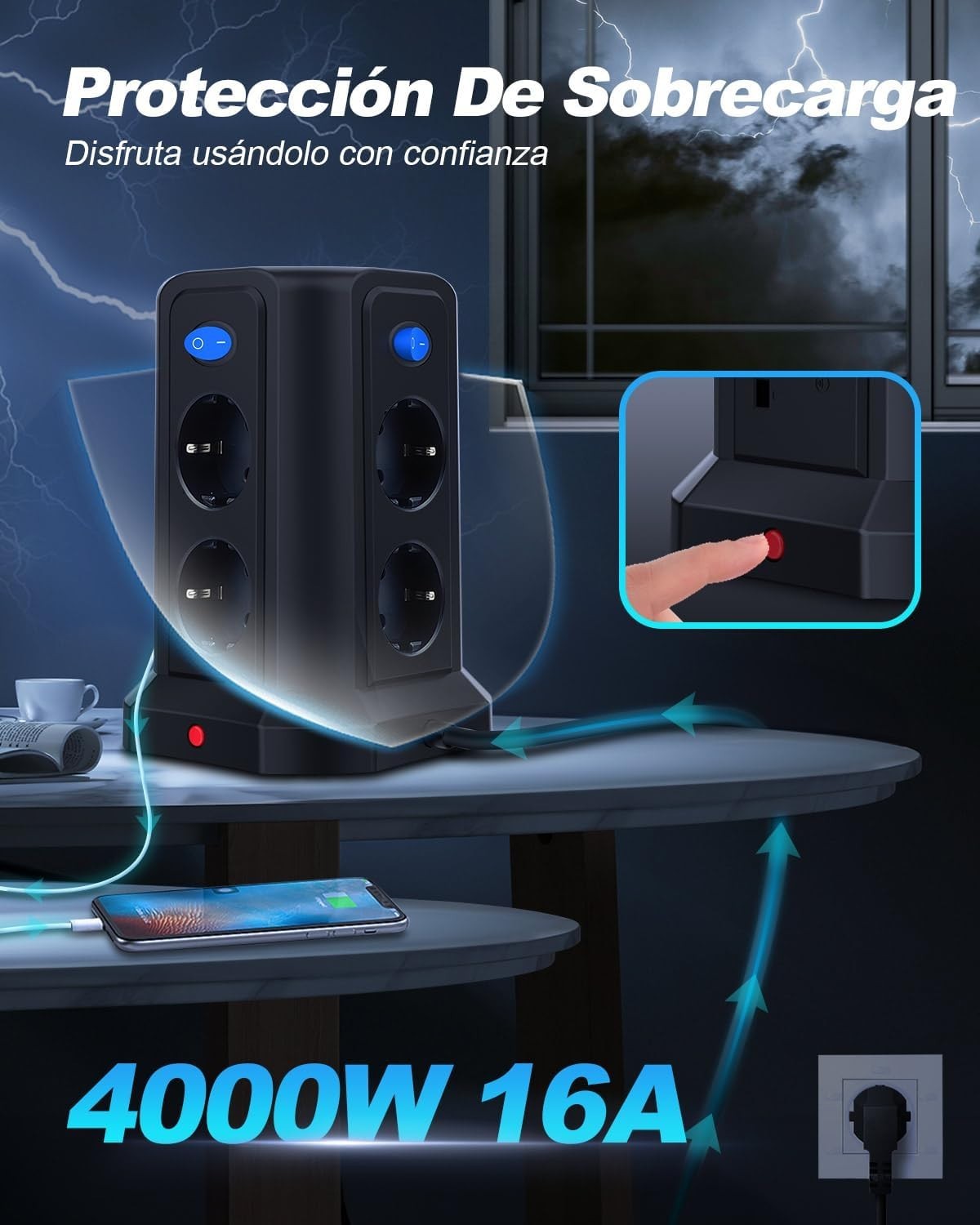 Multipresa 13 in 1 3 m con USB C PD 20 W ricarica rapida magnetica luce notturna