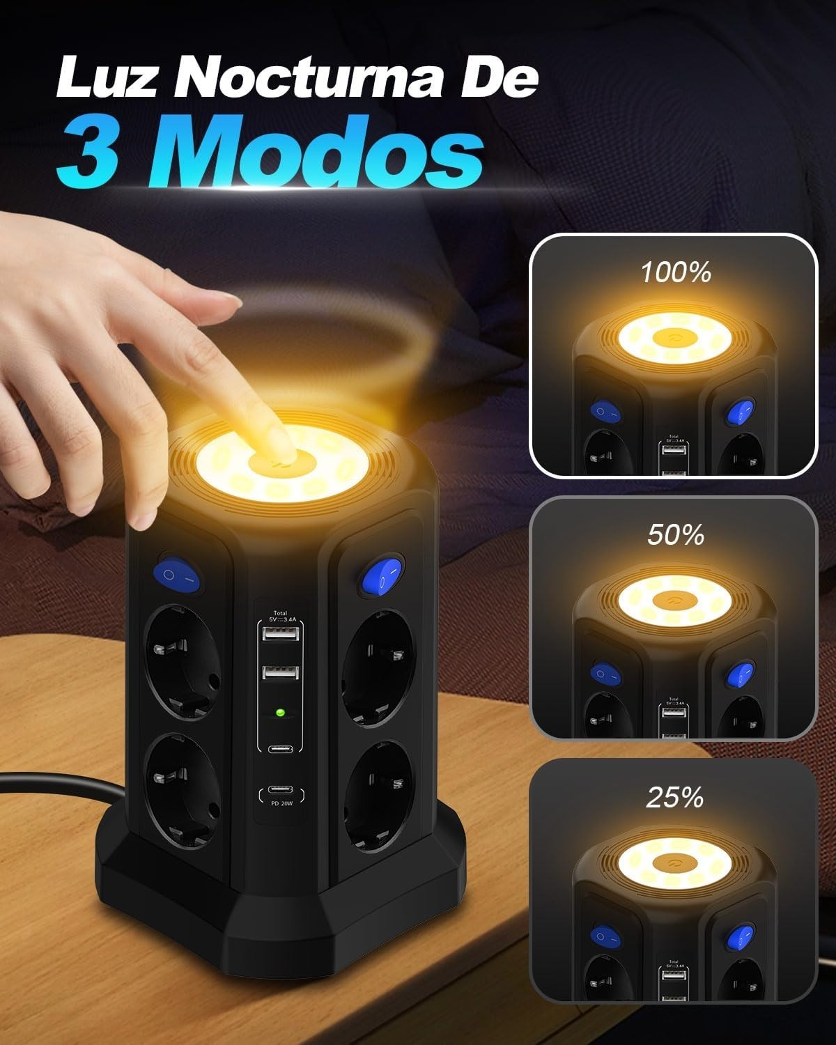 Multipresa 13 in 1 3 m con USB C PD 20 W ricarica rapida magnetica luce notturna