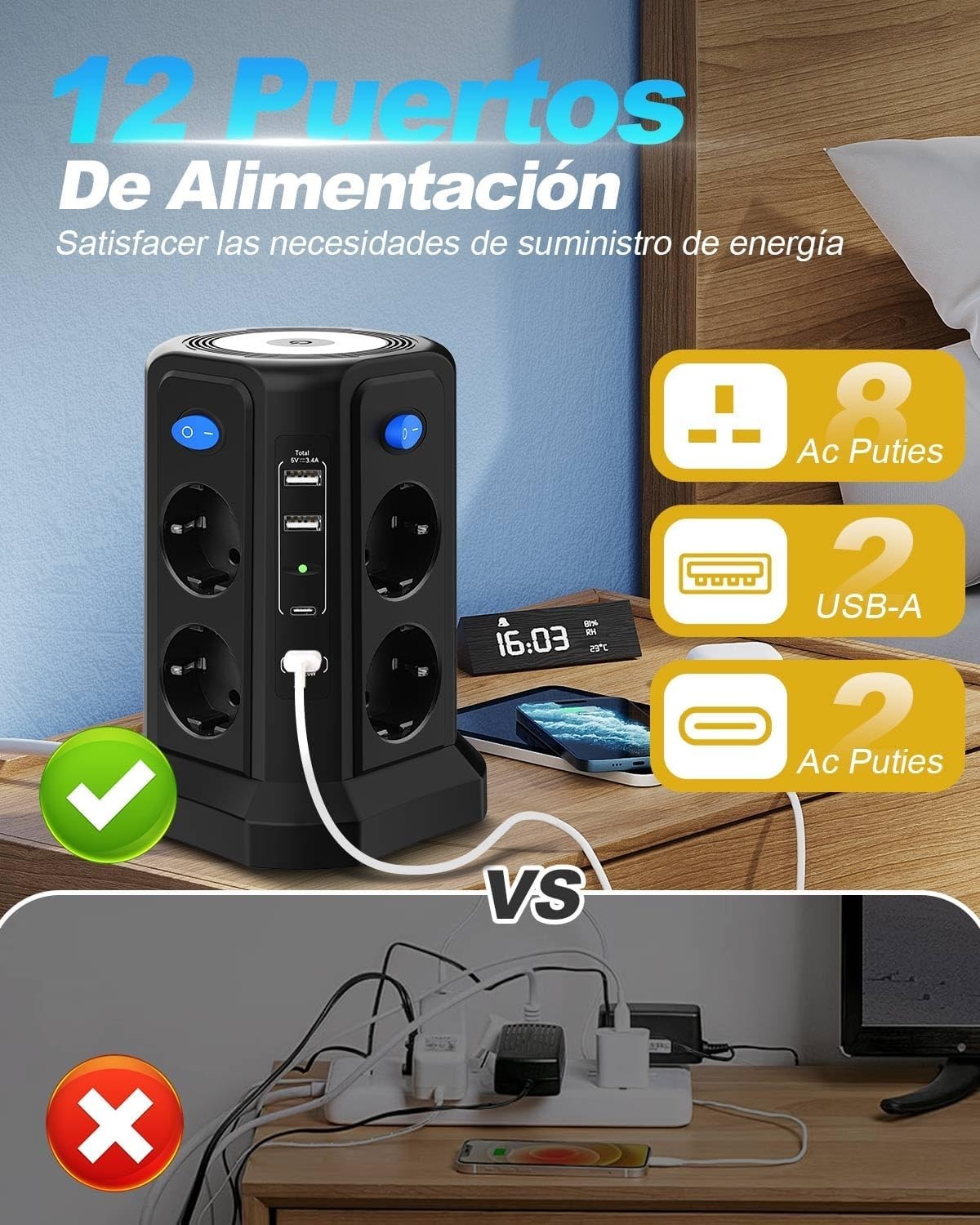 Multipresa 13 in 1 3 m con USB C PD 20 W ricarica rapida magnetica luce notturna