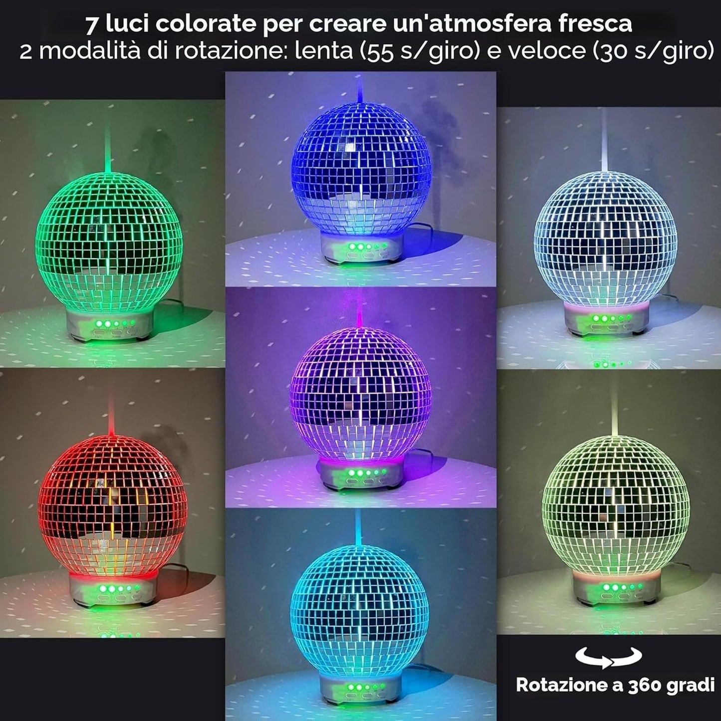 Diffusore Oli Essenziali Disco Ball Rotante Ultrasuoni LED 7 Colori Timer 90 ML