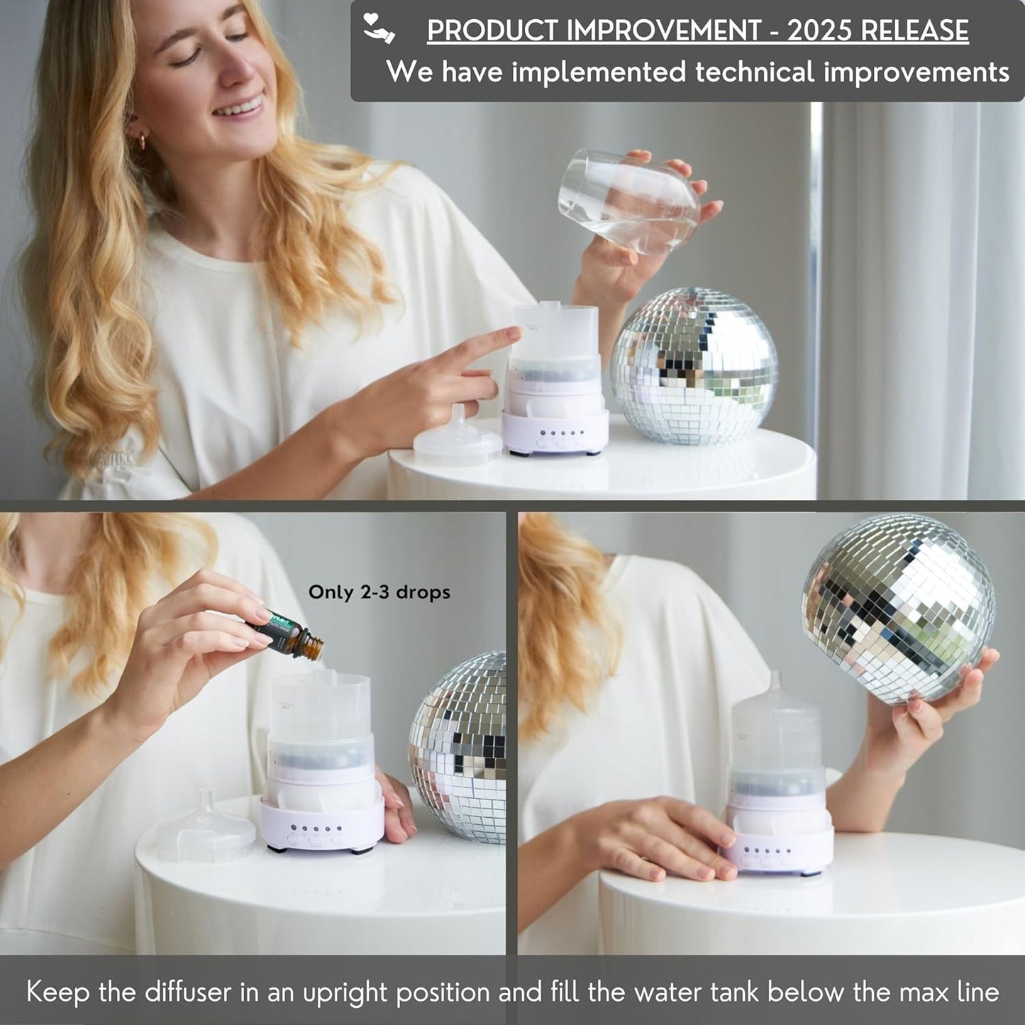 Diffusore Oli Essenziali Disco Ball Rotante Ultrasuoni LED 7 Colori Timer 90 ML