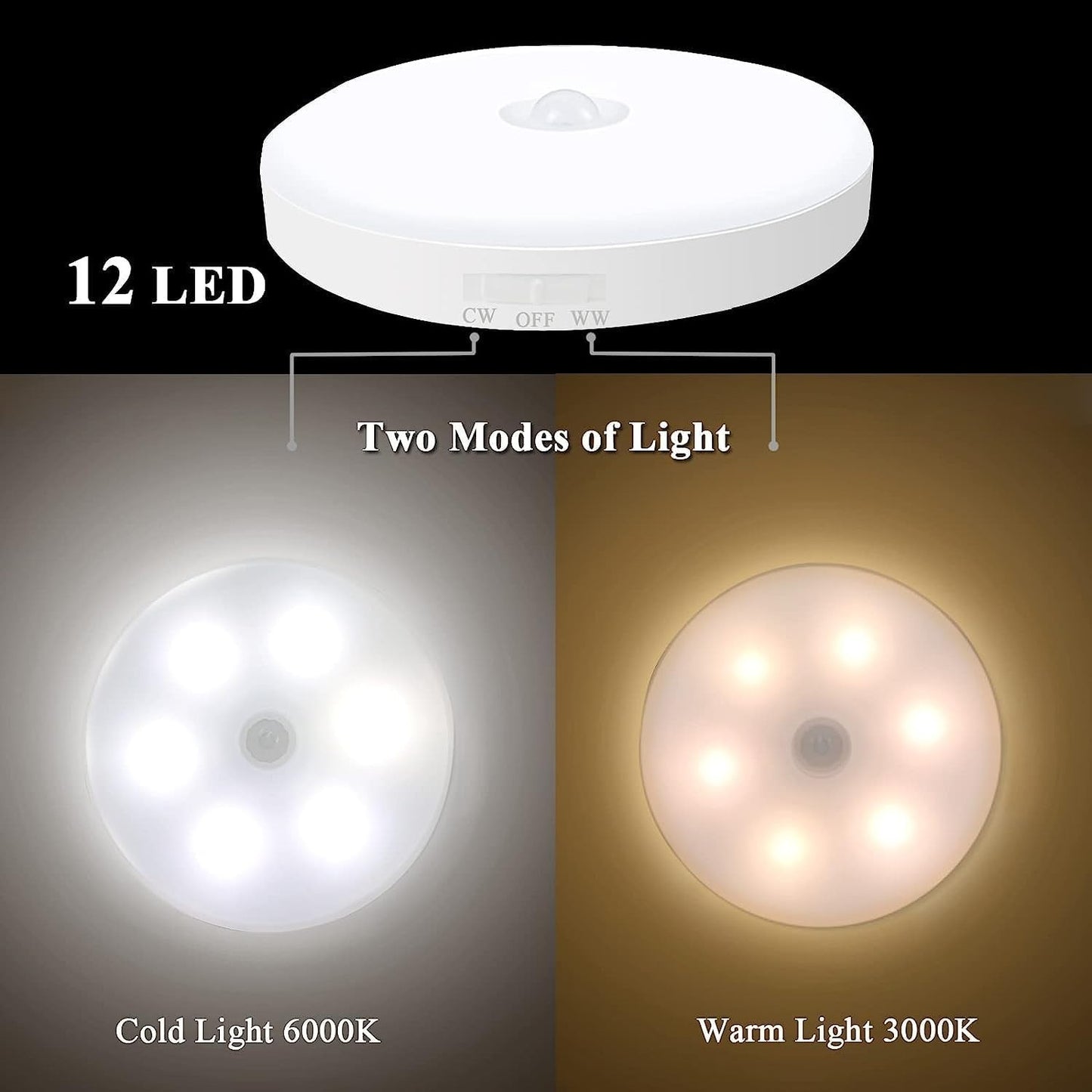 Luce Armadio 12 LED Sensore Movimento Ricaricabile Magnetica Calda Fredda 3Pz