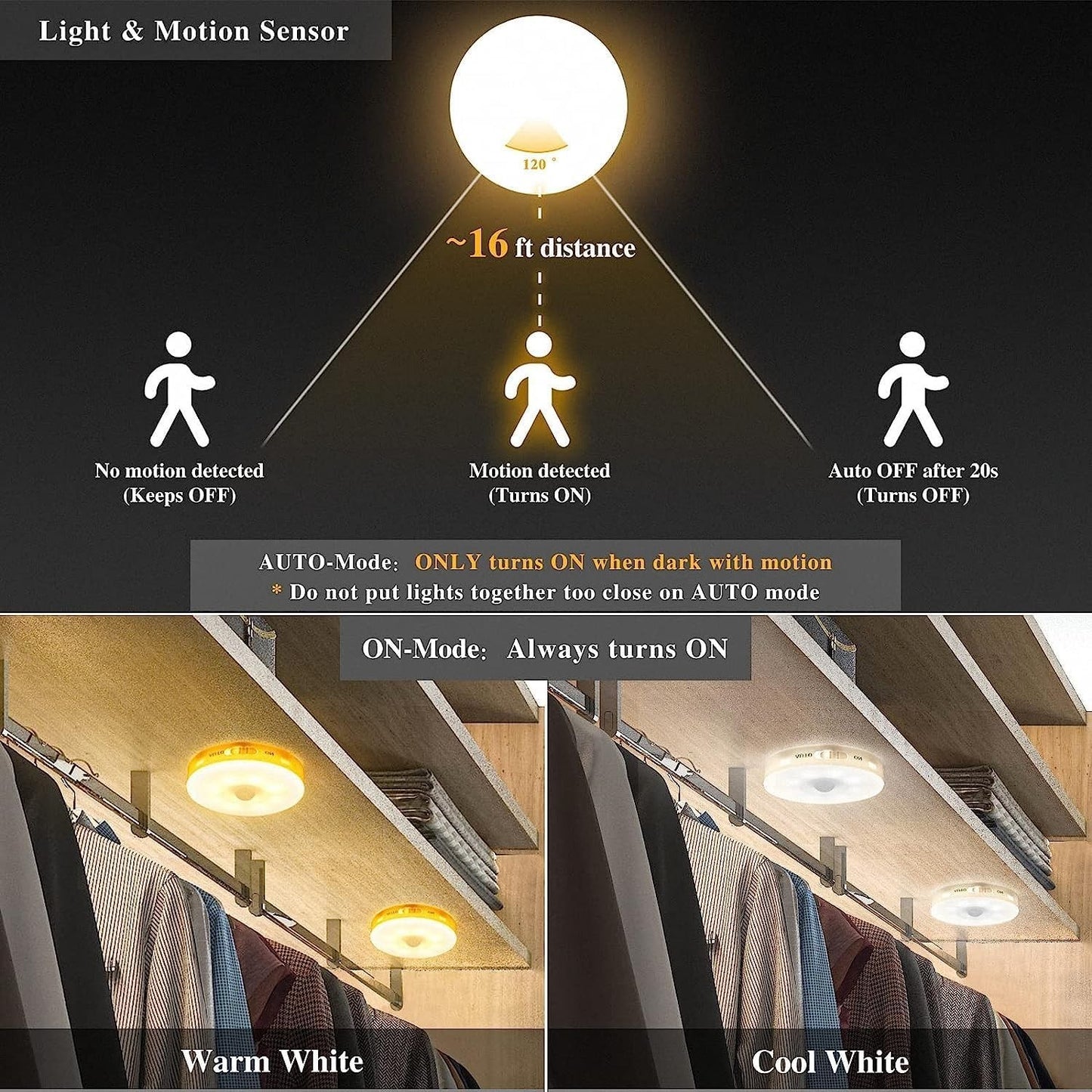 Luce Armadio 12 LED Sensore Movimento Ricaricabile Magnetica Calda Fredda 3Pz