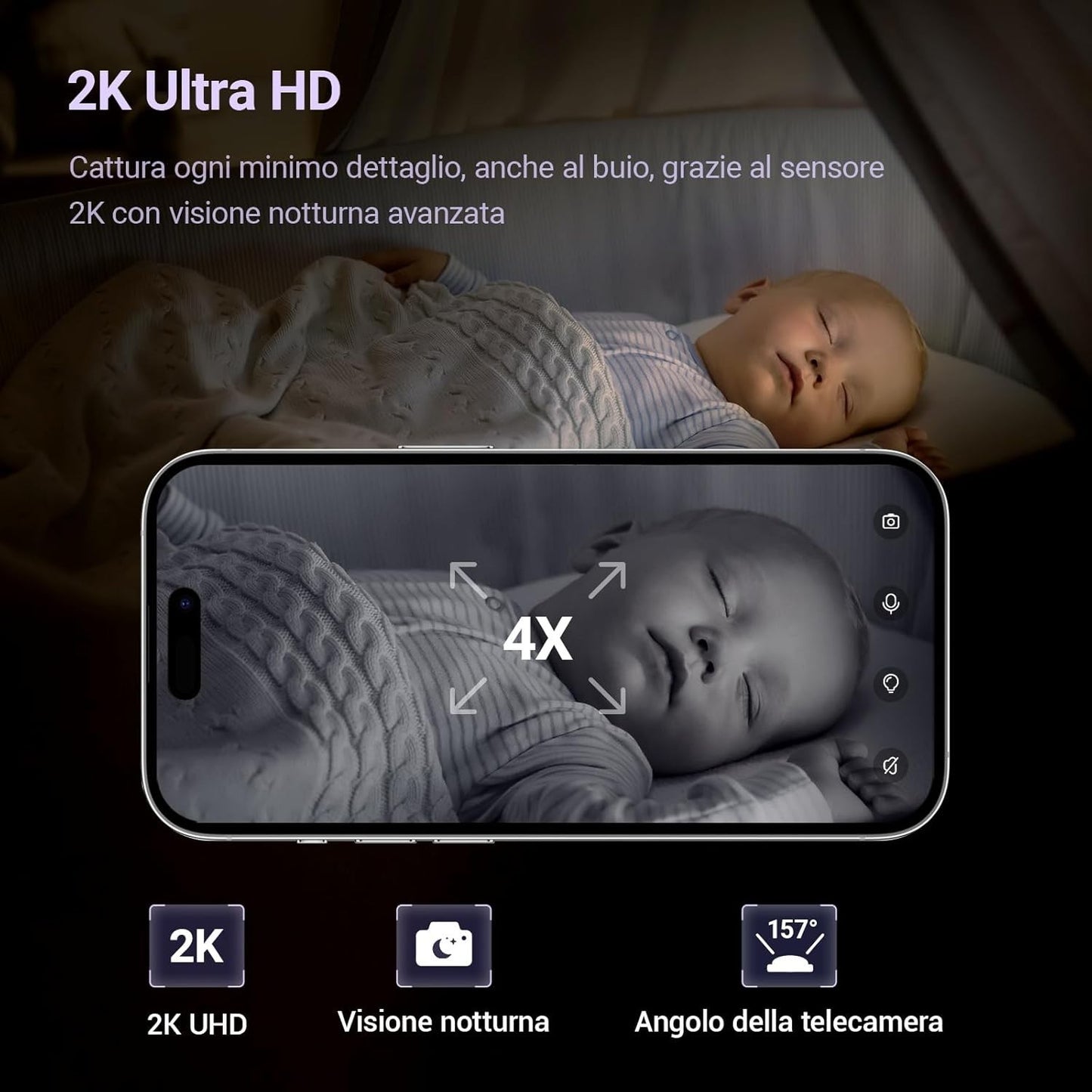 Baby Monitor 2K WiFi AI Telecamera Culla Pianto Visione Notturna Audio 2 Vie