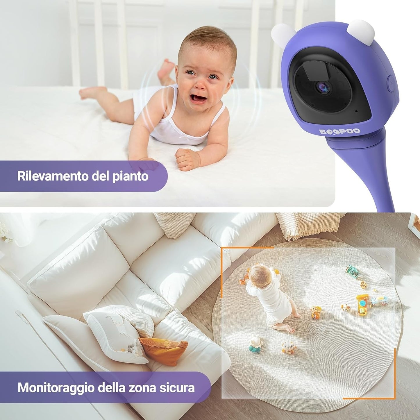 Baby Monitor 2K WiFi AI Telecamera Culla Pianto Visione Notturna Audio 2 Vie