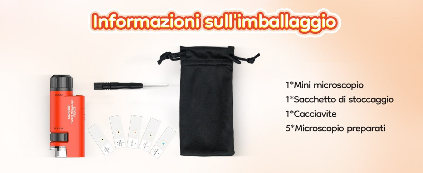 Microscopio Tascabile Bambini 60X-120X LED Mini Portatile 5 Vetrini Regalo Lenti