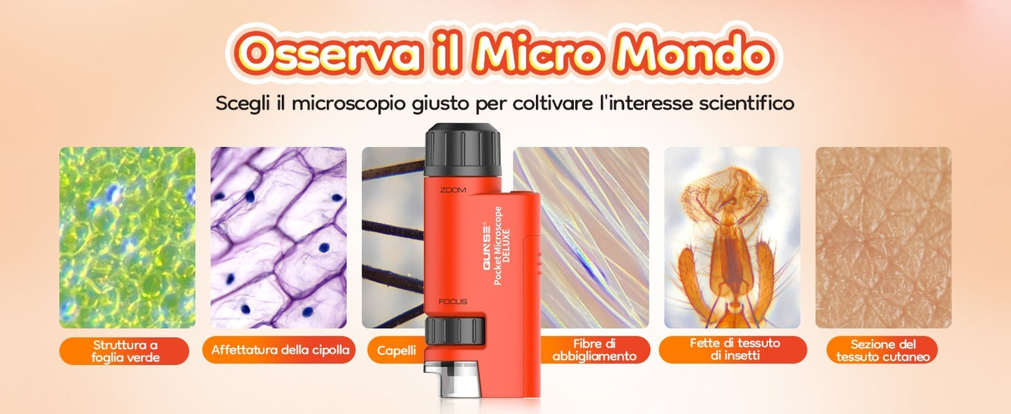 Microscopio Tascabile Bambini 60X-120X LED Mini Portatile 5 Vetrini Regalo Lenti