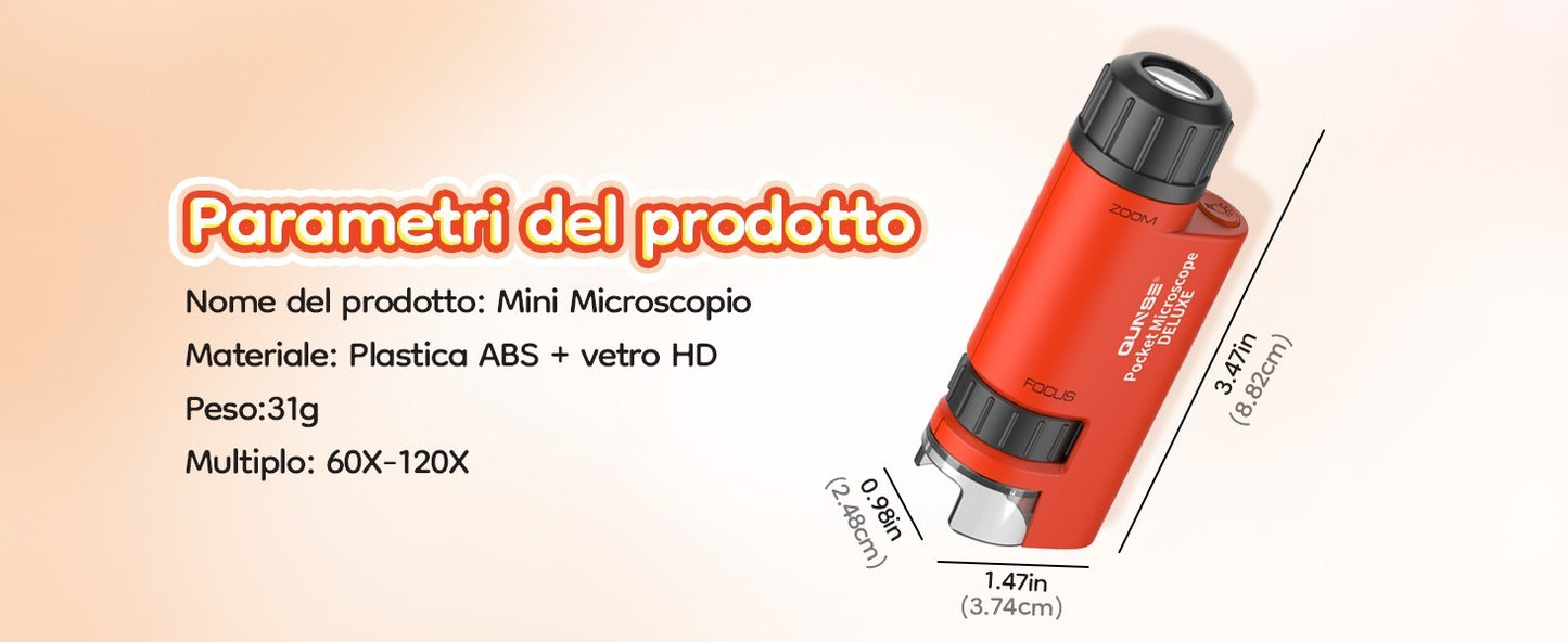Microscopio Tascabile Bambini 60X-120X LED Mini Portatile 5 Vetrini Regalo Lenti