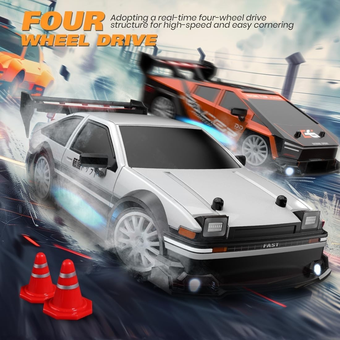 Auto Telecomandata RC Drift 1:24 4WD 30KM/H 2.4GHz LED 3 Batterie Regalo Ragazzi