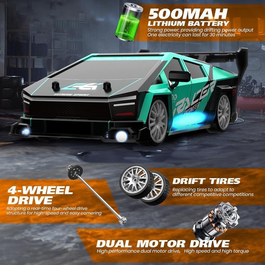 Auto Telecomandata RC Drift 1:24 4WD 30KM/H 2.4GHz LED 3 Batterie Regalo Ragazzi