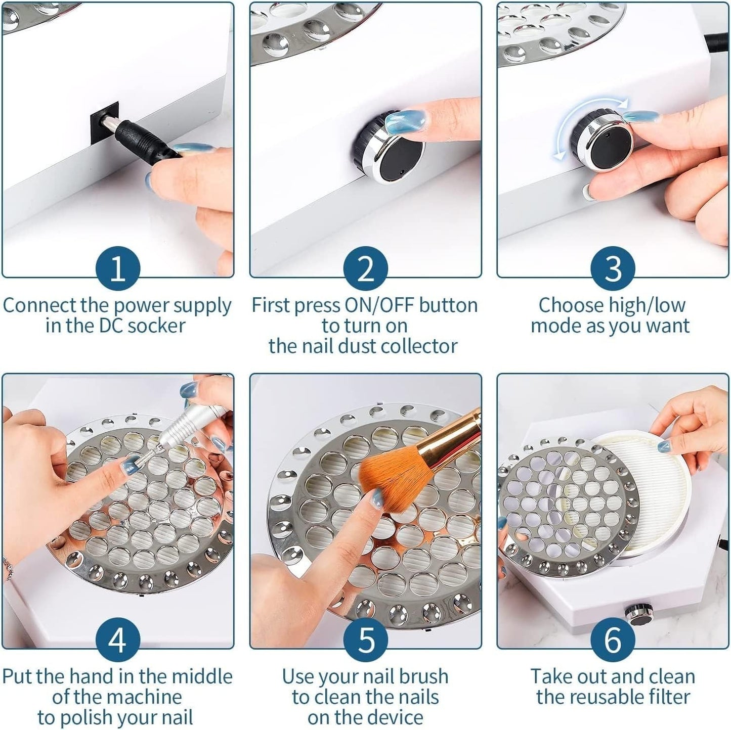 Aspiratore Unghie Professionale 80W Polveri Nail Art Manicure Filtro Bianco