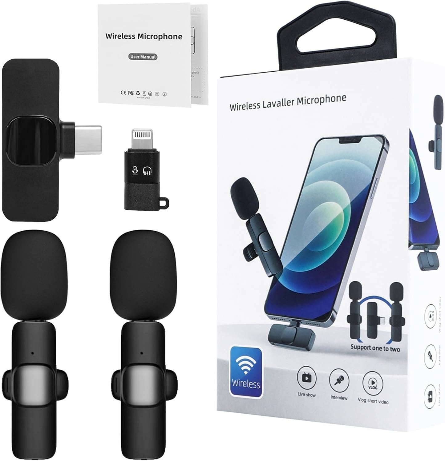 Microfoni Lavalier 2X Wireless USB-C Clip Riduzione Rumore TikTok YouTube