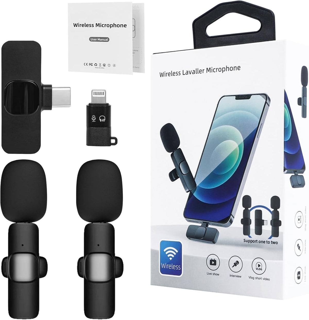 Microfoni Lavalier 2X Wireless USB-C Clip Riduzione Rumore TikTok YouTube