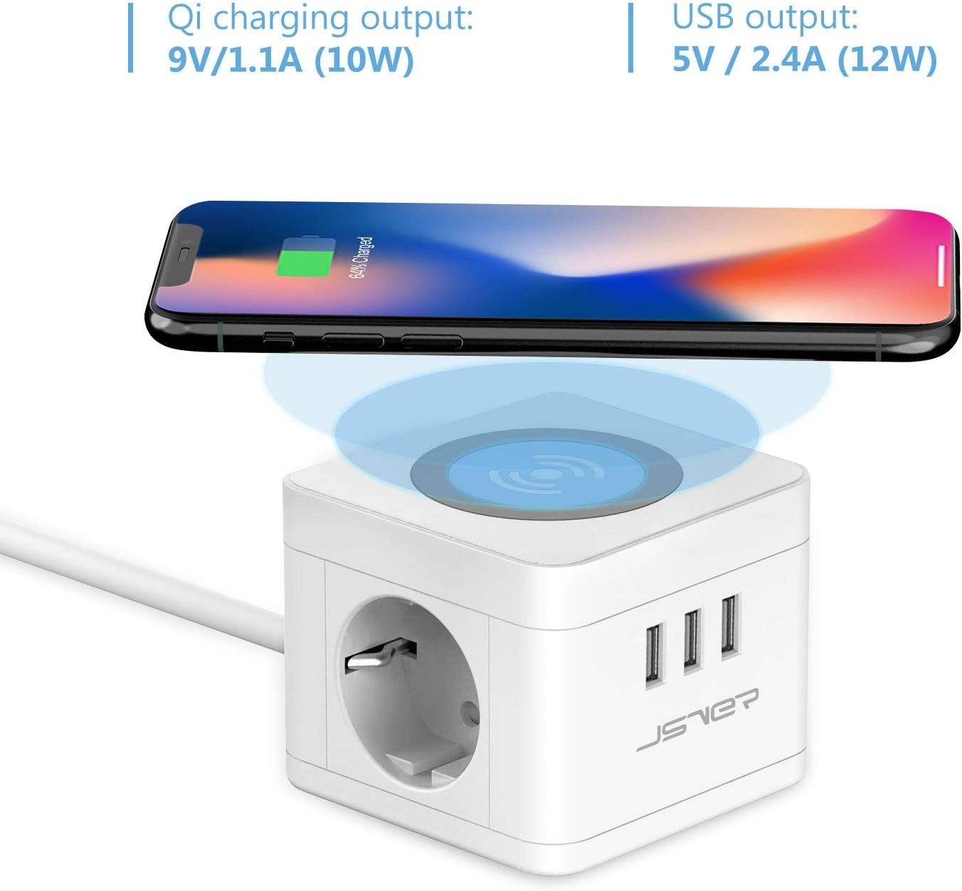 Multipresa Cubo Wireless Qi 10W 2 Prese 3 USB Cavo 1,5m