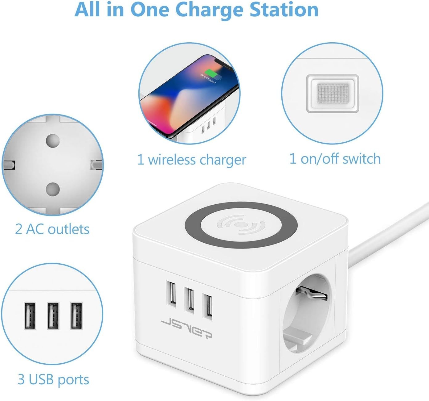 Multipresa Cubo Wireless Qi 10W 2 Prese 3 USB Cavo 1,5m