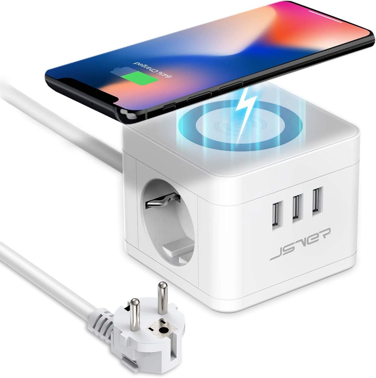 Multipresa Cubo Wireless Qi 10W 2 Prese 3 USB Cavo 1,5m