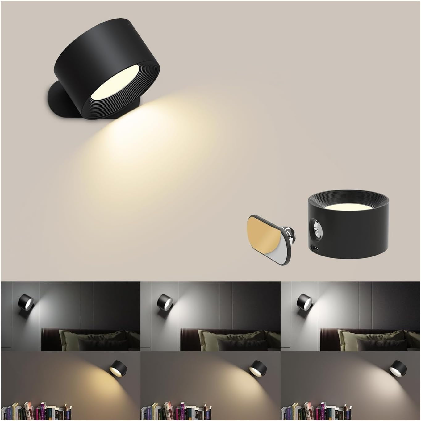 Applique Parete LED Ricaricabile USB 3 Colori Touch Magnetica Senza Fili Nero 5V
