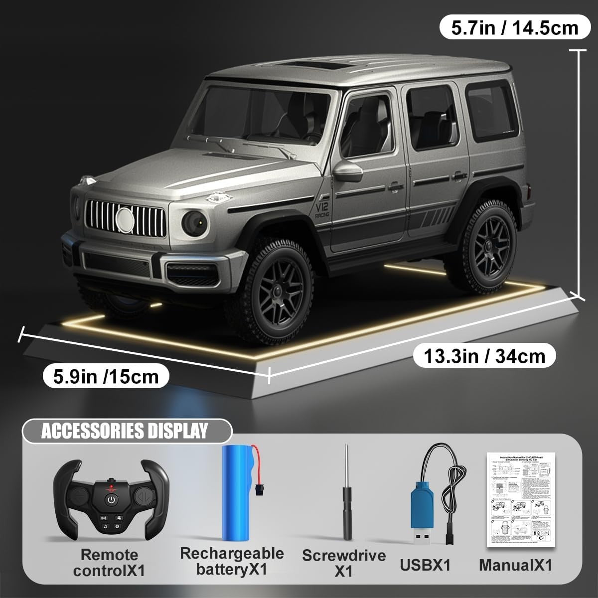 Auto RC Fuoristrada 1:14 2.4G Luci Suoni Gesti Portiere Apribili Grigia Bambini