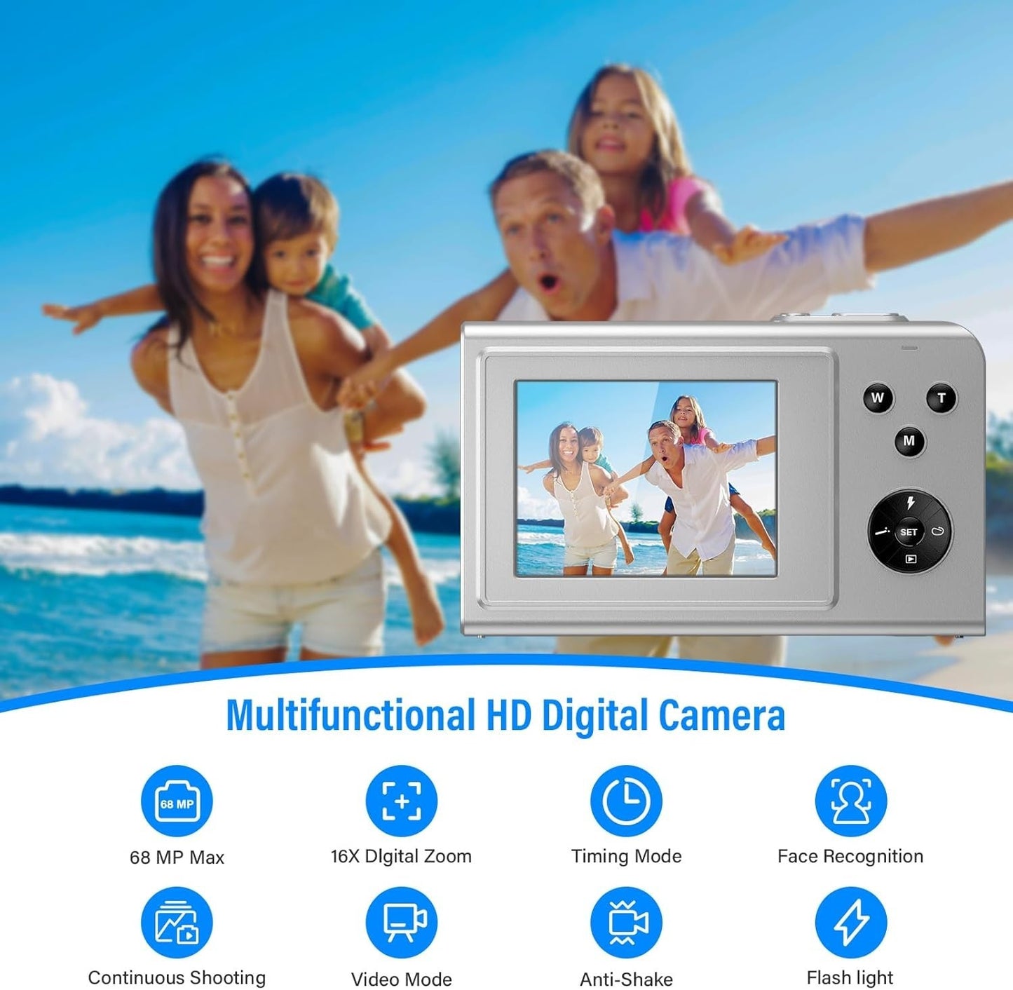 Fotocamera Digitale 68MP 4K 16X 64GB 2 Batterie Argento Compatta Vlog Studenti