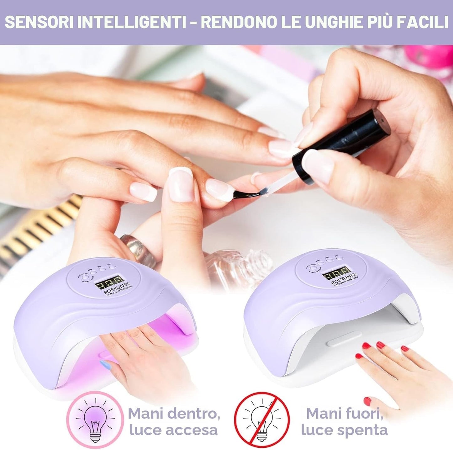 Lampada Unghie UV LED 168W 36 LED 4 Timer Sensore Gel Semipermanente Viola Piedi
