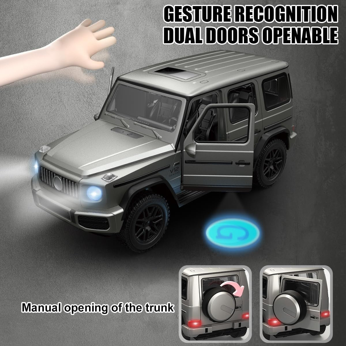 Auto RC Fuoristrada 1:14 2.4G Luci Suoni Gesti Portiere Apribili Grigia Bambini