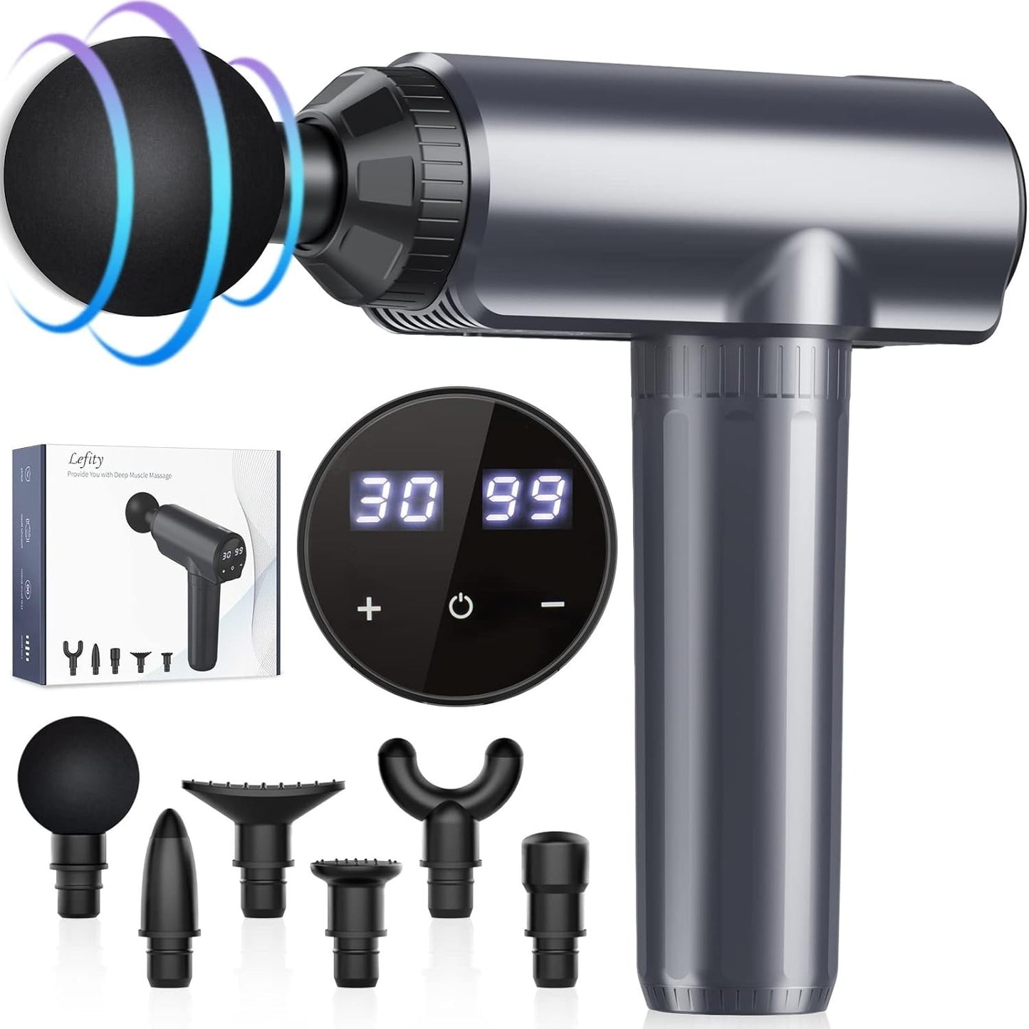 Pistola Massaggio Muscolare 30 Livelli 6 Testine LCD USB-C Silenziosa Blu Dolore