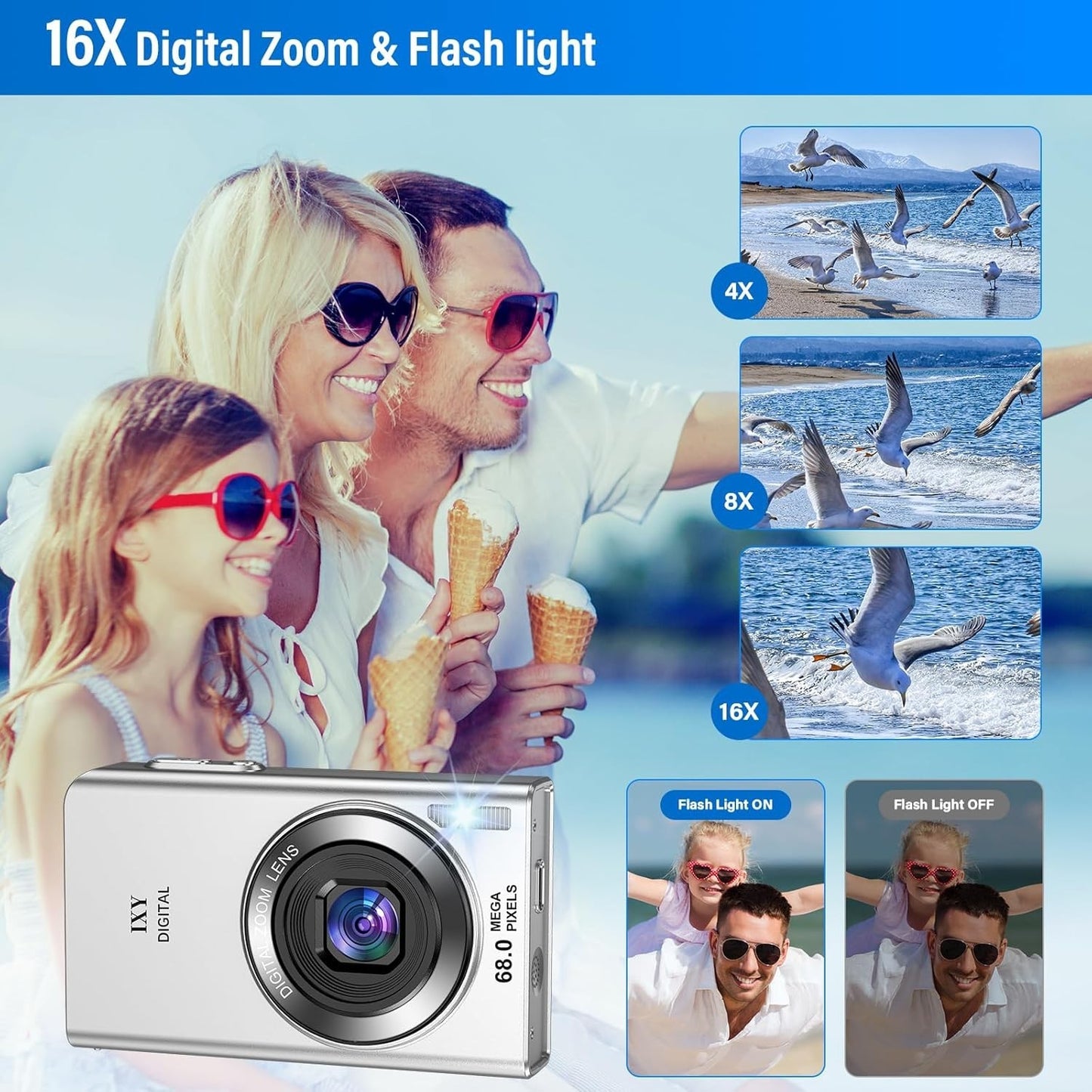 Fotocamera Digitale 68MP 4K 16X 64GB 2 Batterie Argento Compatta Vlog Studenti