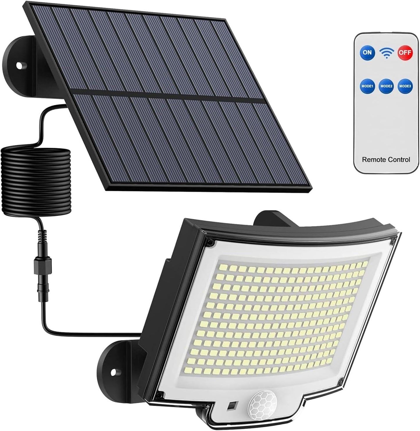 Lampada Solare LED Esterno 228LED IP65 Sensore PIR Movimento Telecomando Cavo 5m